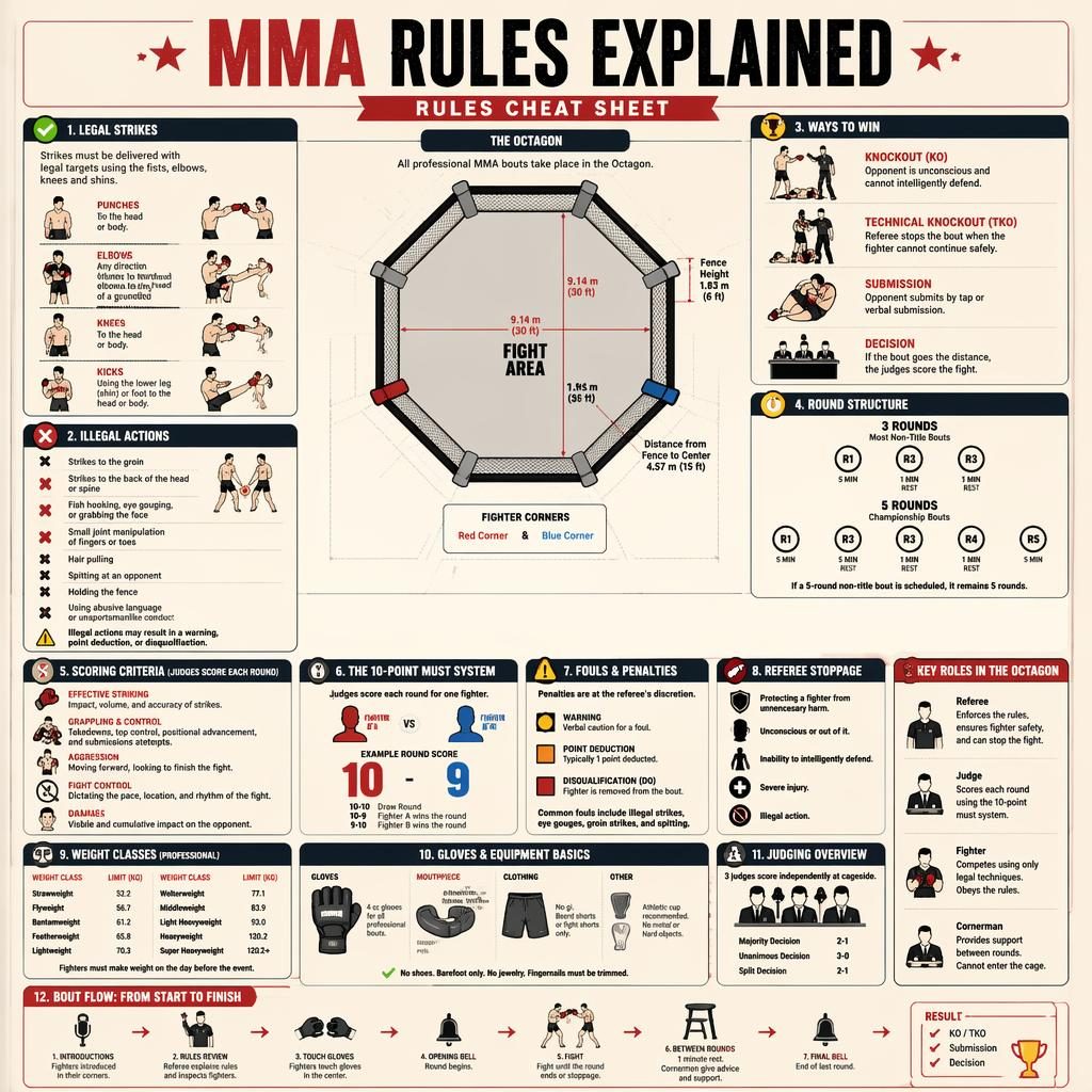 Vintage cream and red MMA rules infographic with coaching-board panels, icons, callouts, and top-down court lines.