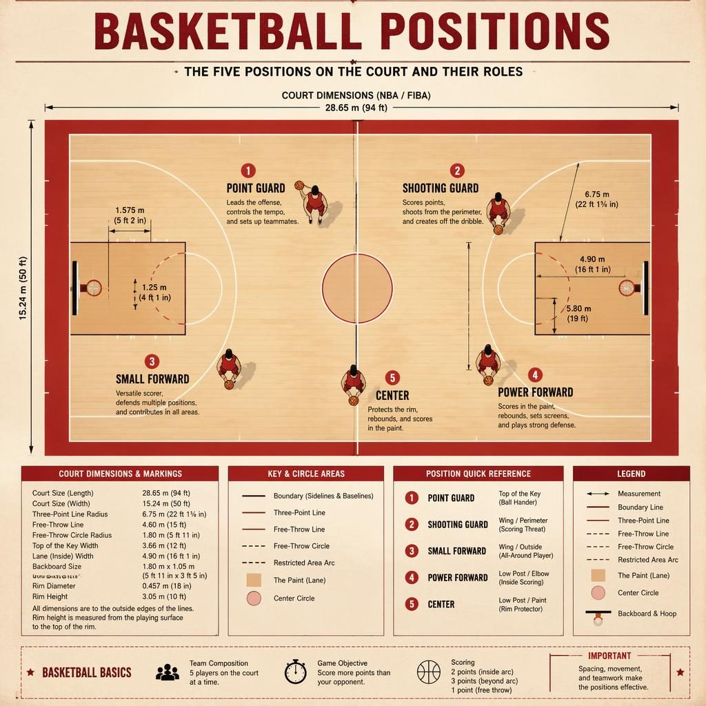Top-down vintage basketball court infographic with five player positions, labels, role captions, callouts, and legend.