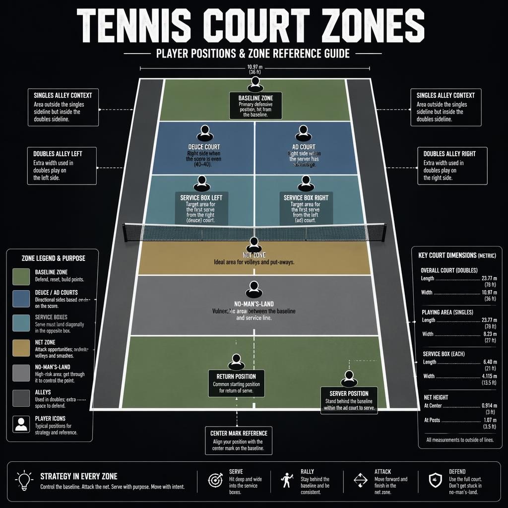 Top-down tennis court zones infographic poster with labeled court areas, player position icons, legend, and metric callouts.