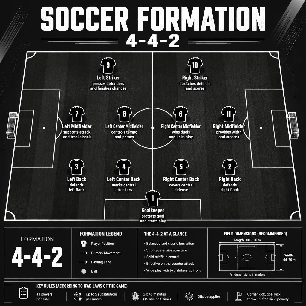 Horní pohled na fotbalové hřiště s přesným diagramem a 11 ikonami hráčů v rozestavení 4-4-2, v monochromním stylu.