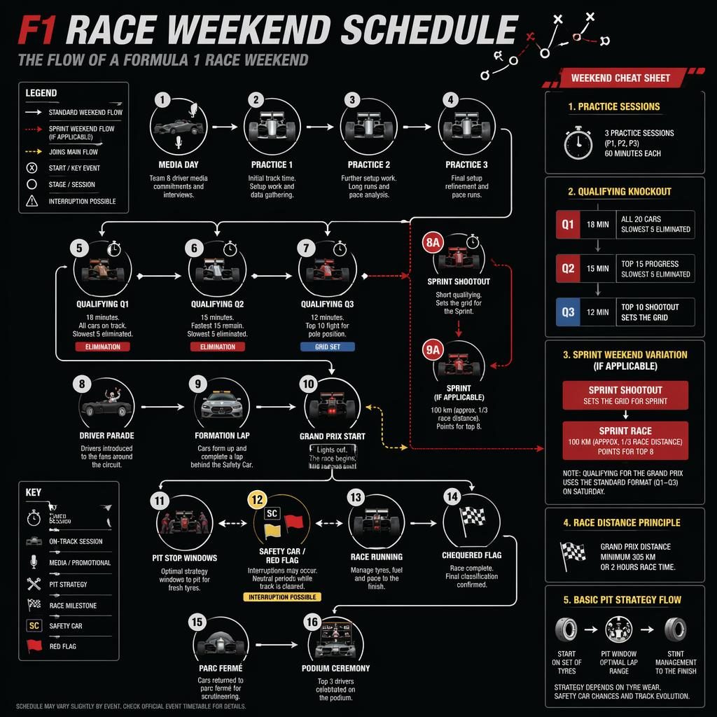 Editorial F1 race weekend schedule infographic with arrows, phase nodes, sprint paths, icons, and side cheat sheet