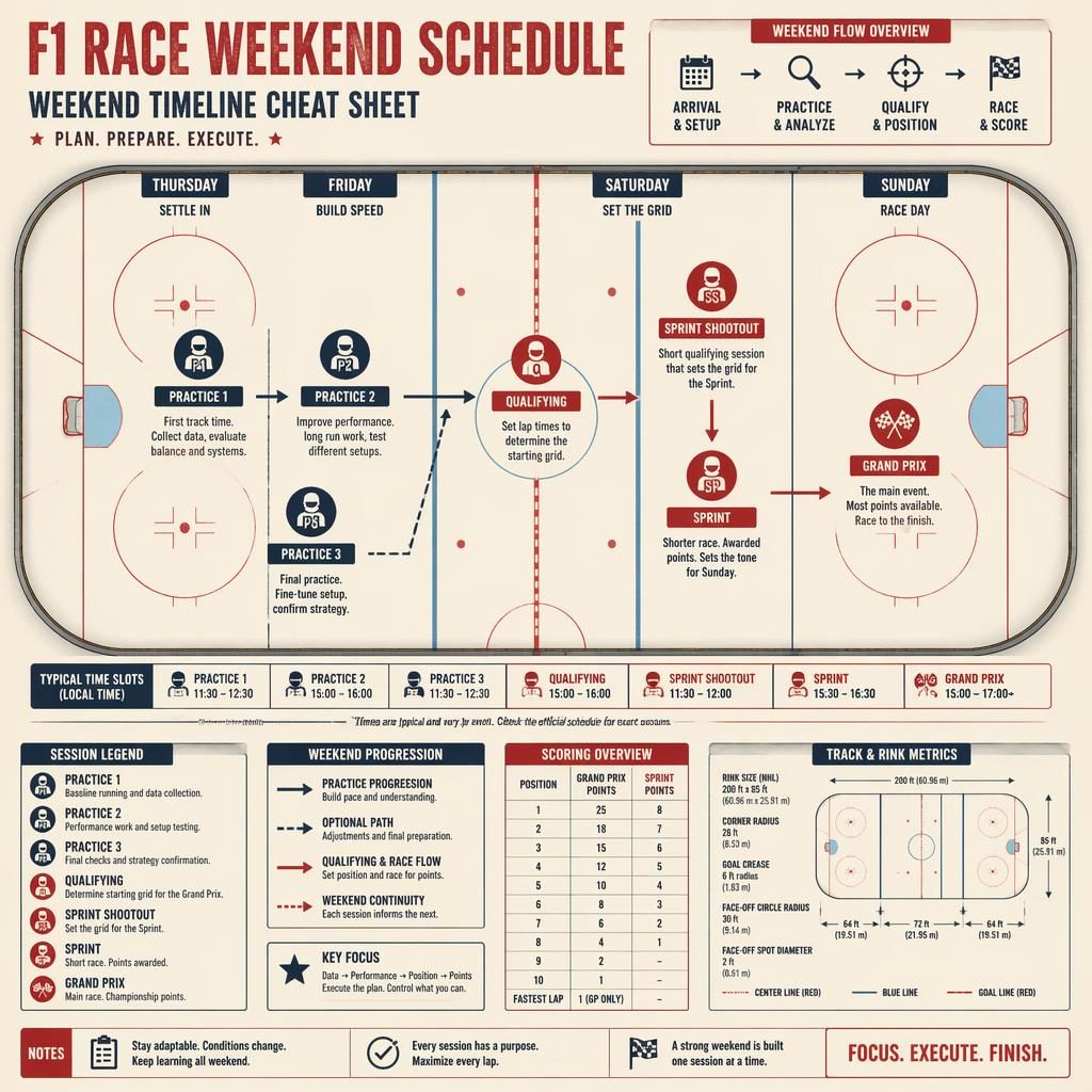 Vintage cream and red F1 race weekend schedule infographic over a top-down ice hockey rink with timeline blocks and arrows.