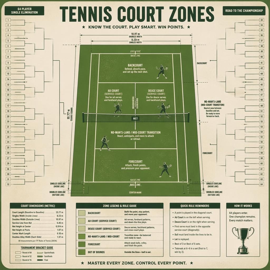 Top-down tennis court zones infographic with a field of 64 bracket, retro green and white sports print styling.