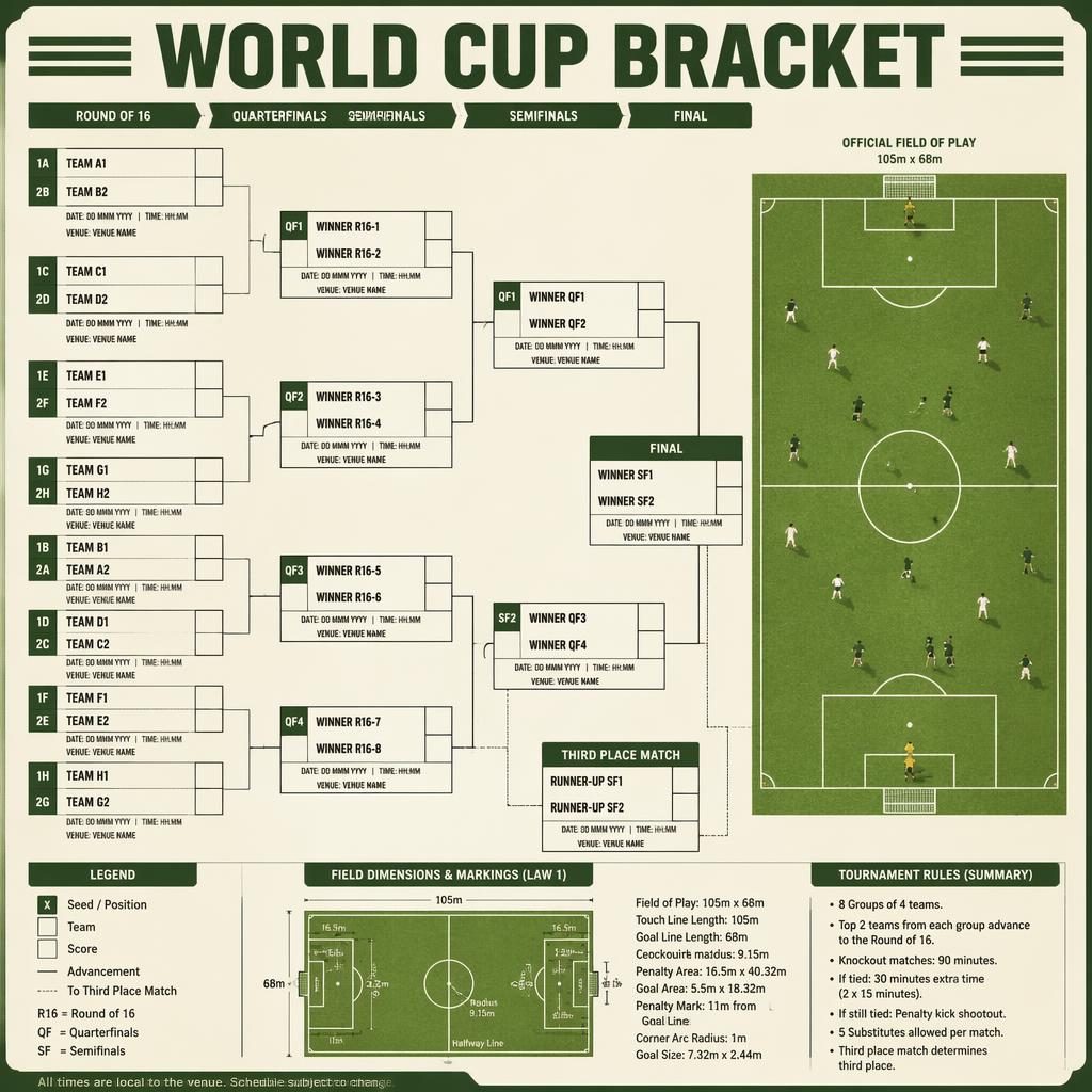 Retro soccer tournament bracket infographic with green pitch, white lines, match slots, score boxes, legend, and player icons