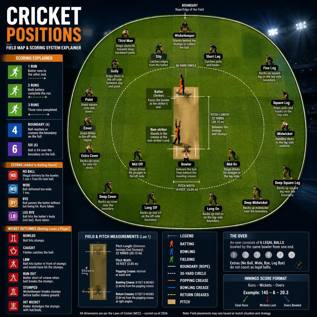 Top-down cricket positions infographic with labeled field map, scoring explainer panels, player icons, and dark orange navy style.