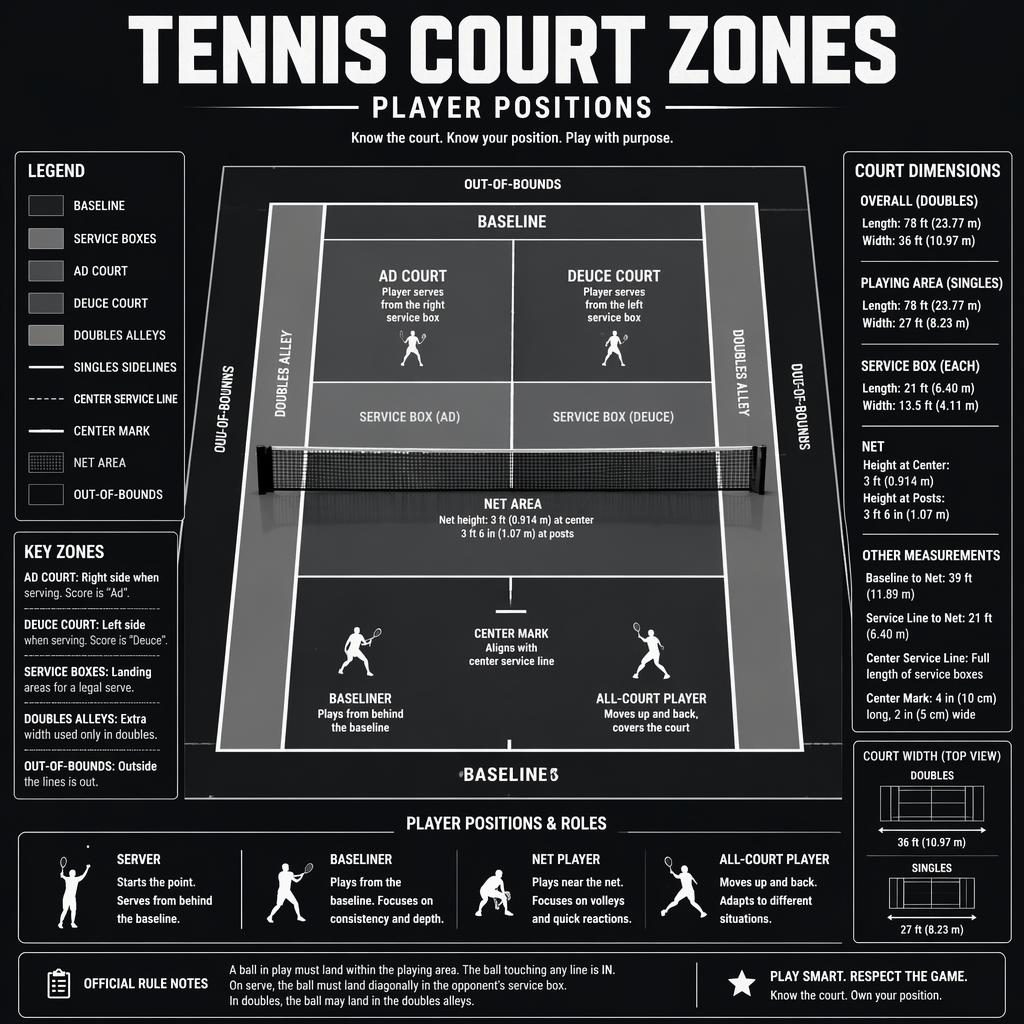 Top-down monochrome tennis court infographic with labeled zones, player icons, legend, and official dimension callouts.