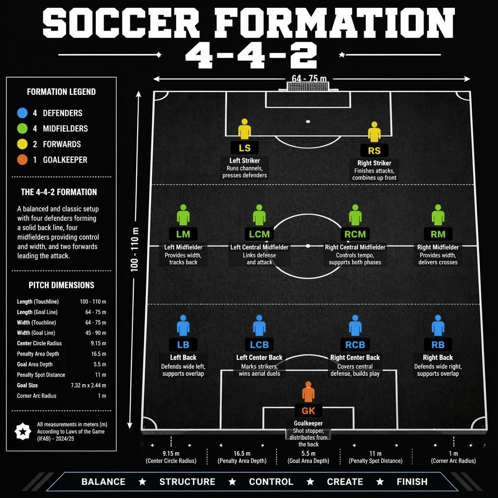 Top-down soccer pitch infographic showing a 4-4-2 formation with 11 labeled player icons, field markings, and legend.