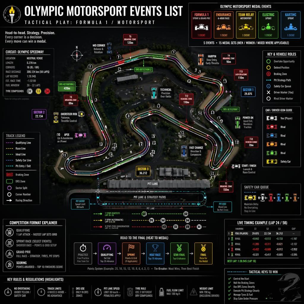 Top-down motorsport infographic with circuit map, pit lane, racing line, sector markers, icons, and event panels.