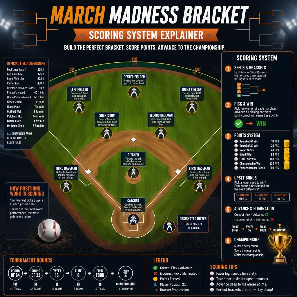 Top-down baseball field infographic with player position icons, labels, and bracket sunday scoring explainer panel.