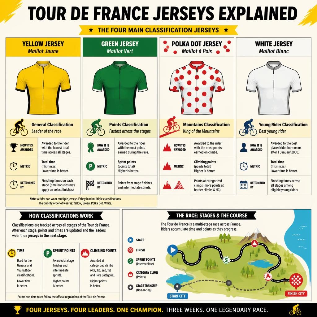 Minimal flat sports infographic poster showing Tour de France yellow, green, polka dot, and white jerseys with route map.