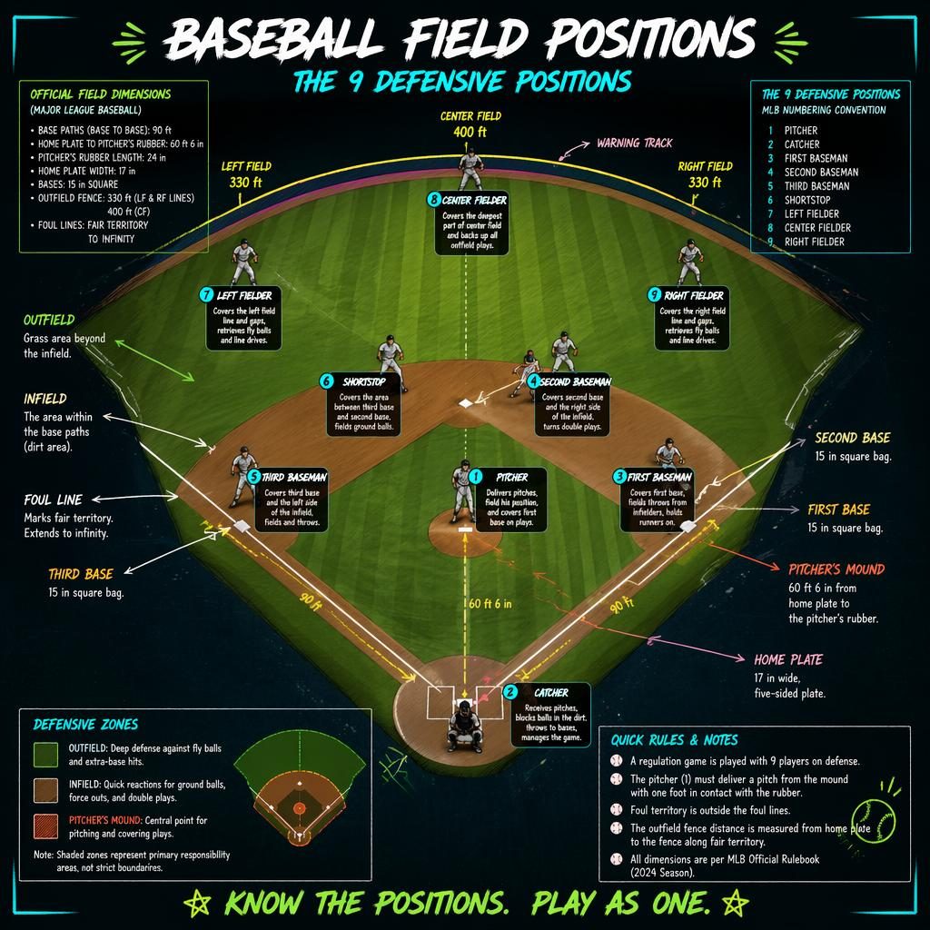 Top-down baseball field infographic with all 9 defensive positions, neon field lines, labels, captions, and legend.