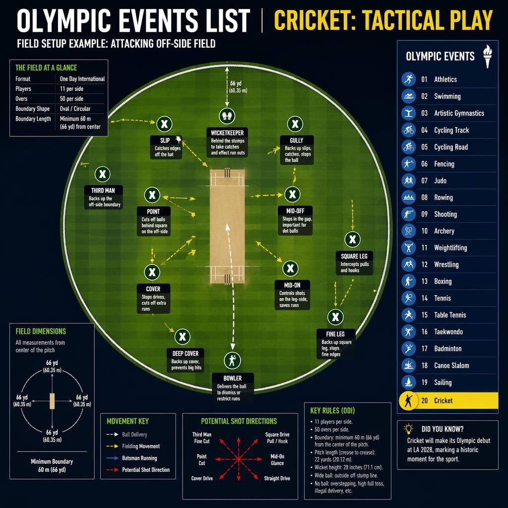 Top-down cricket field tactics infographic with labeled positions, movement arrows, and a side panel styled as an Olympic events list.