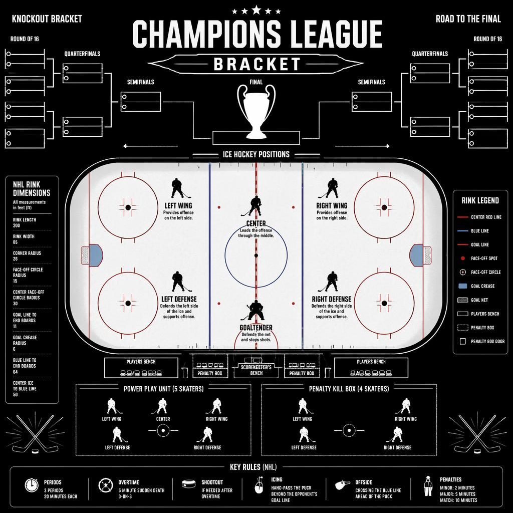 Monochrome ice hockey rink infographic with labeled player positions and editable bracket layout around the rink.