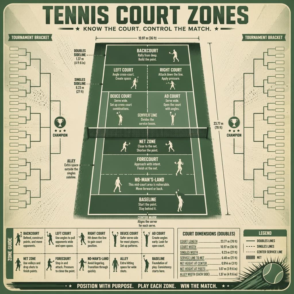 Retro green and white tennis court zones infographic with bracket layout, labeled court areas, player icons, and legends.