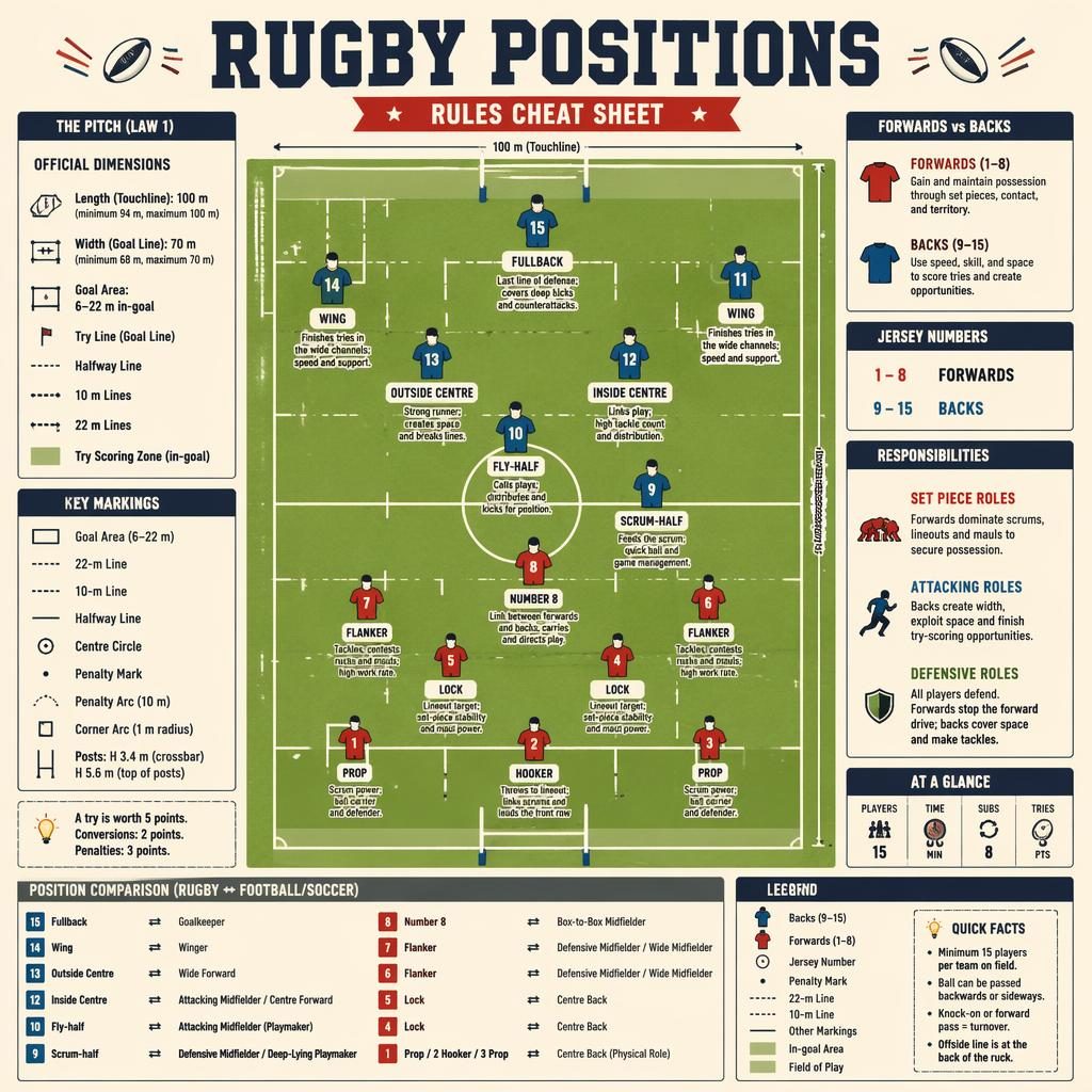 Minimal flat sports infographic showing a top-down soccer field with labeled rugby positions, role captions, legends, and rules panels.