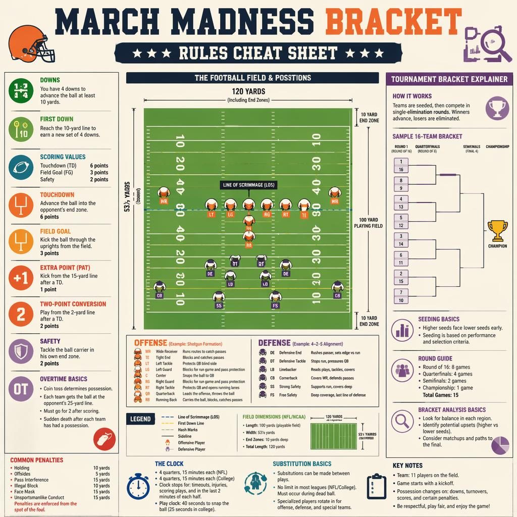 Minimal flat infographic of an American football field with player positions, rules callouts, and a tournament bracket sidebar.