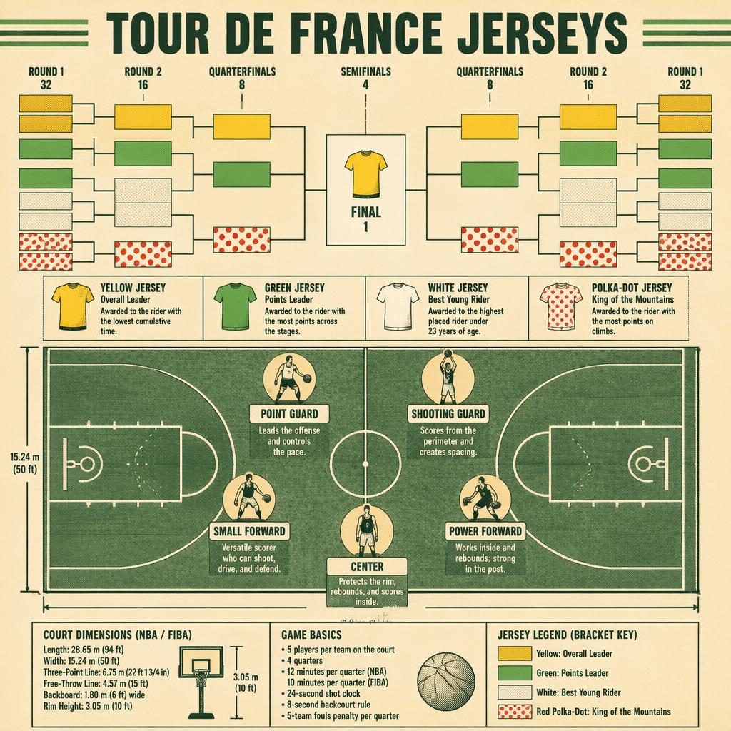 Retro 1970s sports infographic with scaled basketball court, full bracket, player positions, and cycling jersey color panels