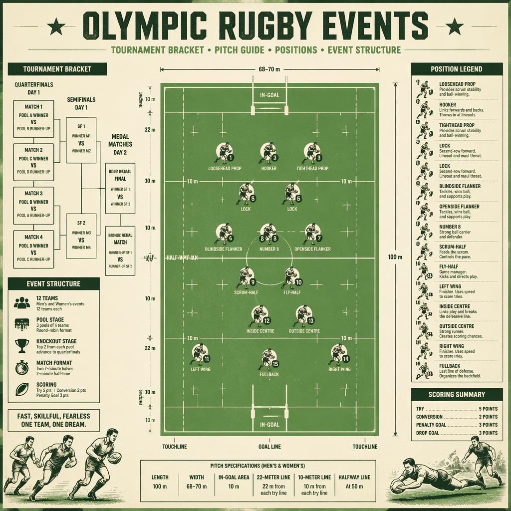 Retro rugby infographic with a scaled top-down pitch, player position labels, and tournament bracket panels in green and white.