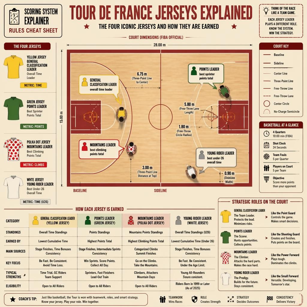 Editorial sports infographic showing Tour de France jerseys explained on a top-down basketball court with labels, arrows, panels.