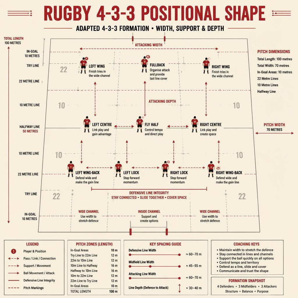 Top-down rugby pitch infographic showing a 4-3-3 positional shape with 10 labeled player icons, arrows, lines, and metric notes.