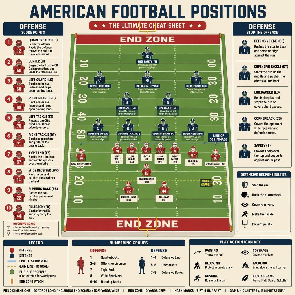 Infografía deportiva con campo de fútbol americano, formaciones ofensivas y defensivas, posiciones etiquetadas y leyenda visual.