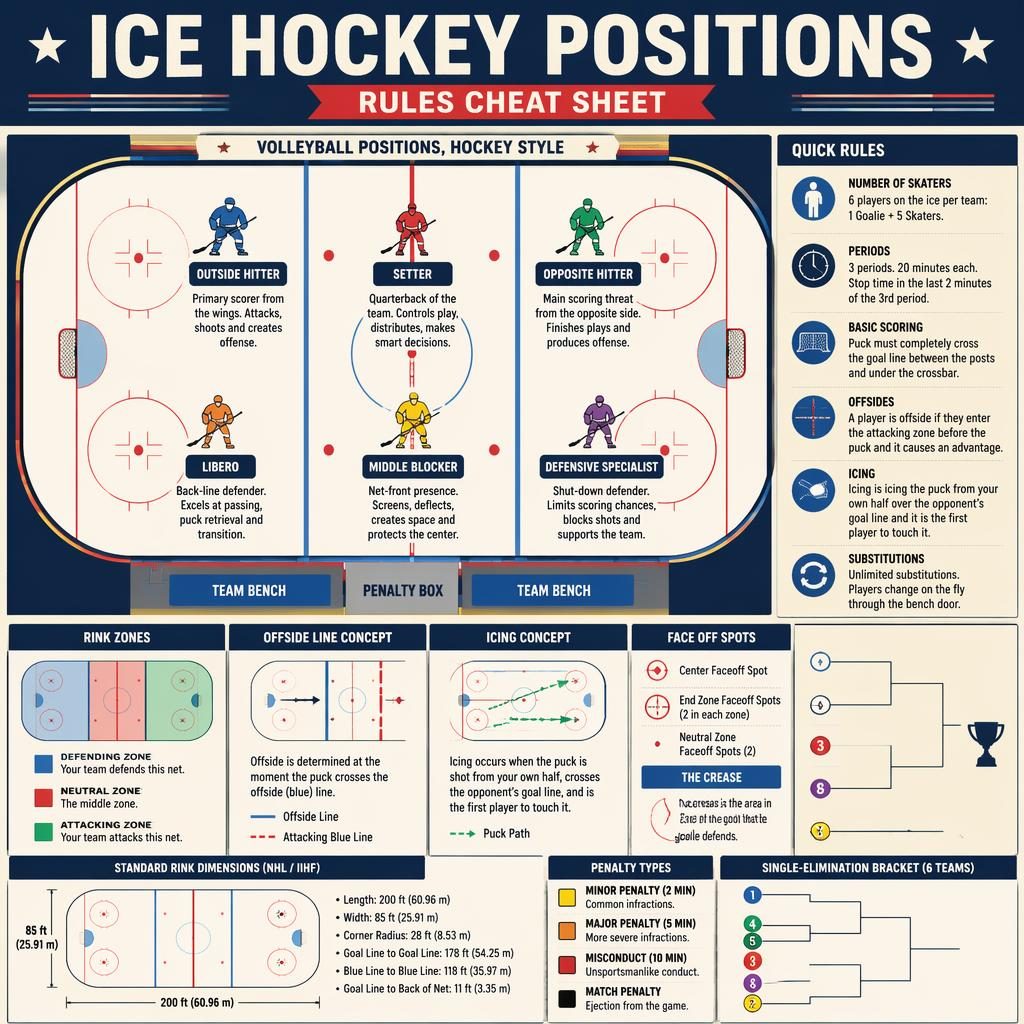 Minimal flat ice hockey infographic with rink diagram, six labeled player icons, rules panels, metrics, and a 6-team bracket.