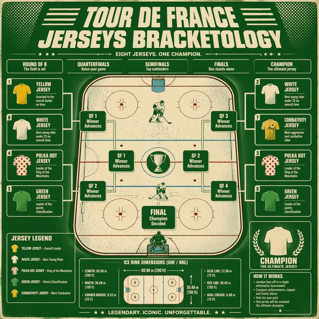 Retro green and white hockey rink infographic with Tour de France jersey comparison bracket and vintage 1970s print styling.