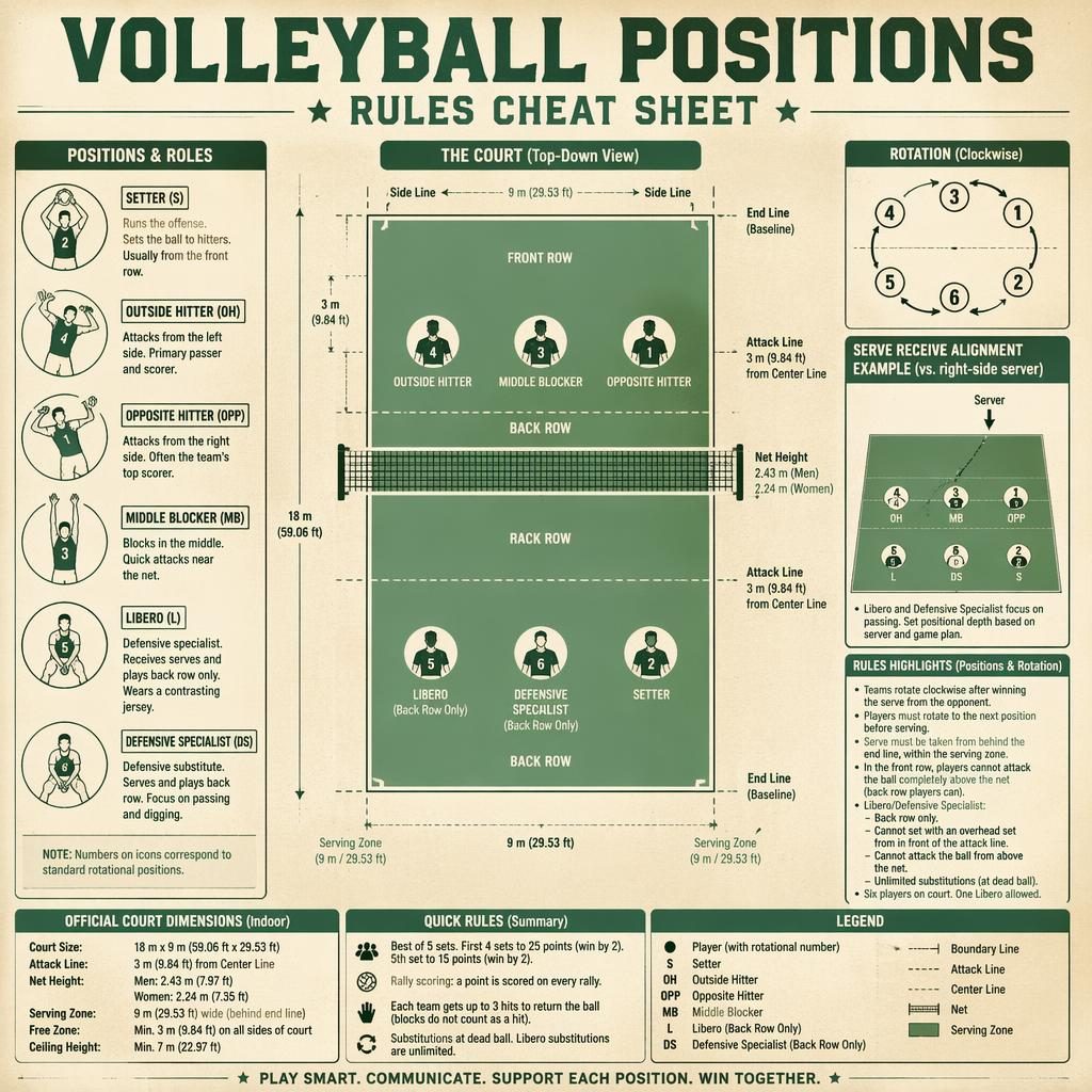 Top-down retro volleyball infographic showing official court, 6 player positions, rotation arrows, legend, and rules notes.