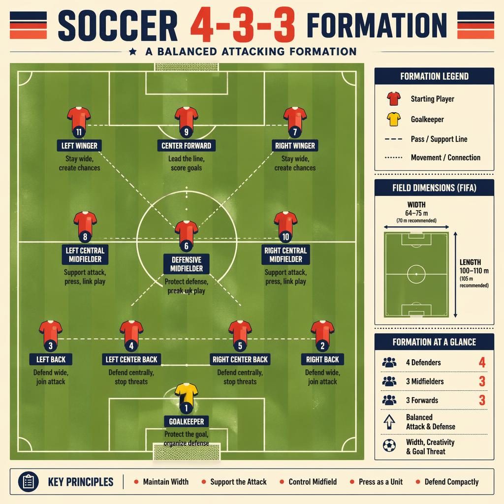 Top-down-Fußballfeld als Infografik mit 4-3-3 Formation, 11 Spielericons, englischen Positionslabels und Legende.