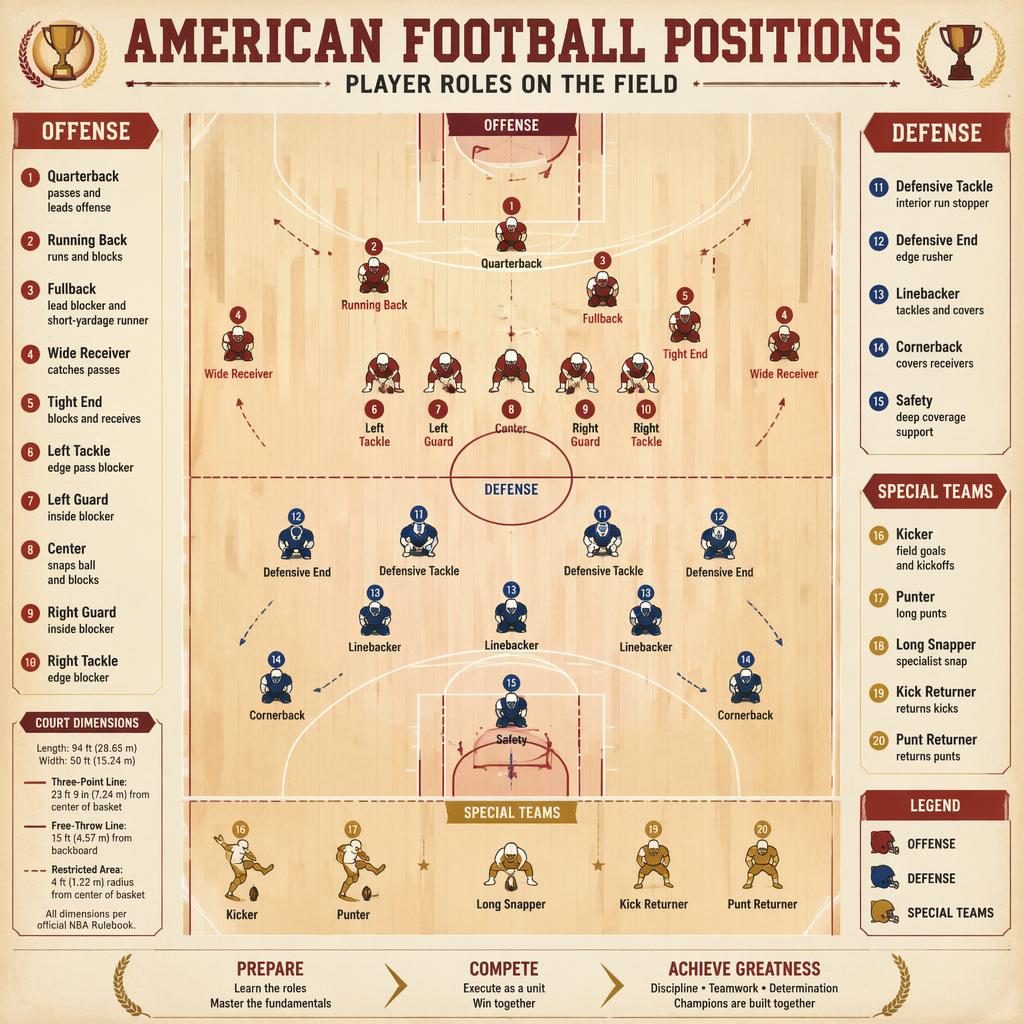 Vintage cream and red sports infographic showing American football positions labeled on a full top-down basketball court.