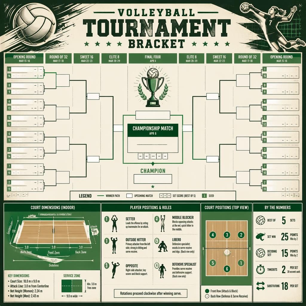 Retro sports infographic of a volleyball tournament bracket with court diagram, position icons, seed slots, legend, and stats.