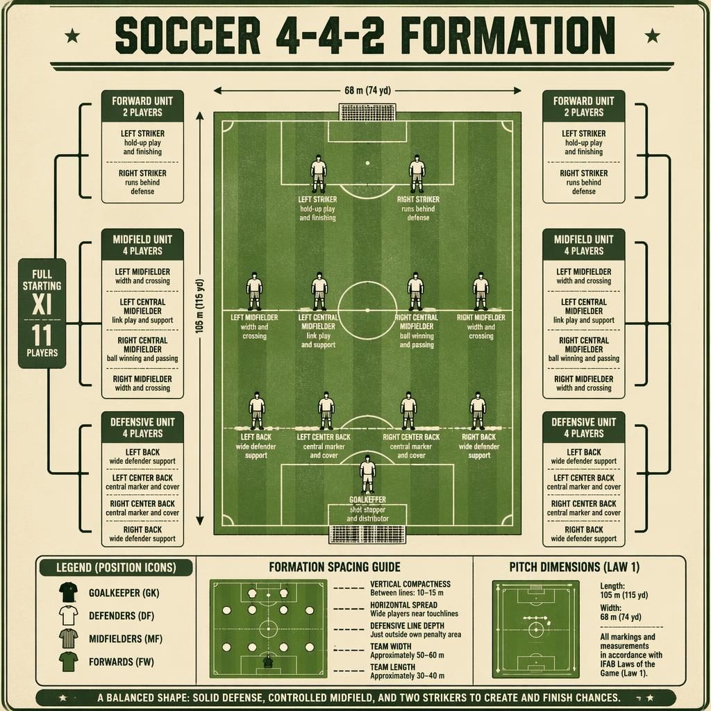 Retro sports infographic showing a top-down soccer pitch with 4-4-2 player positions and bracket-style side groupings.