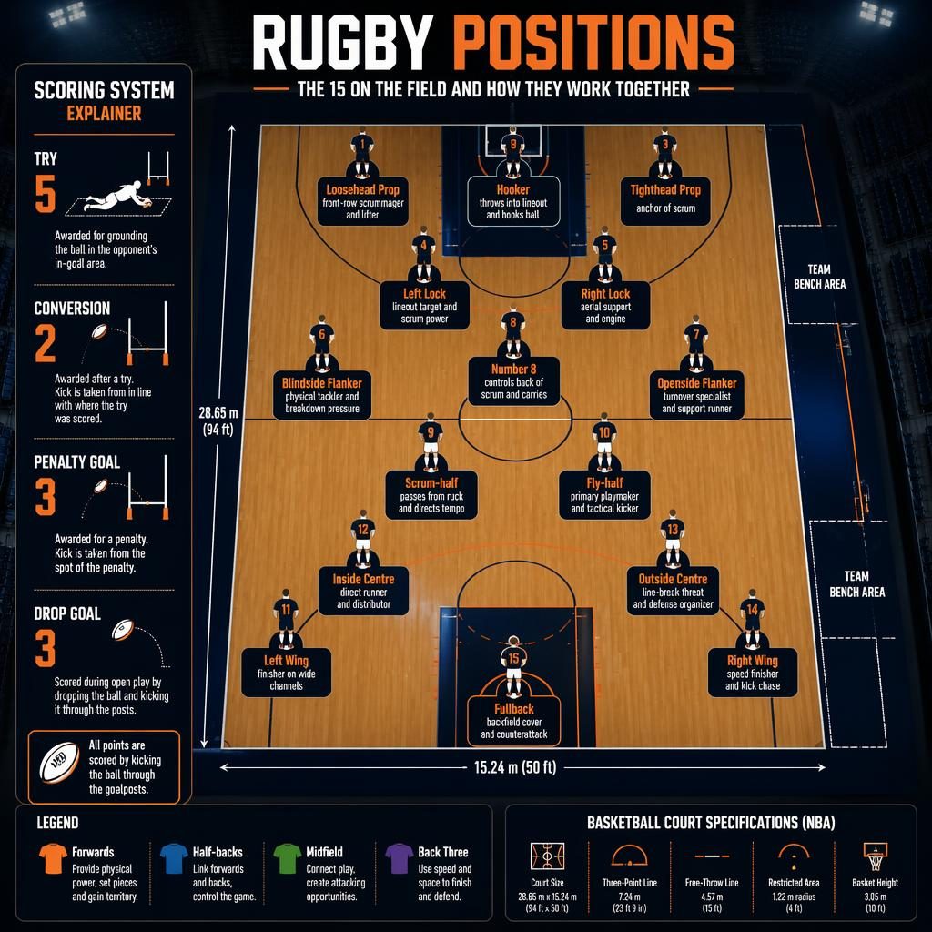 Top-down basketball court infographic showing rugby positions, player icons, role captions, and scoring panels in dark orange navy.