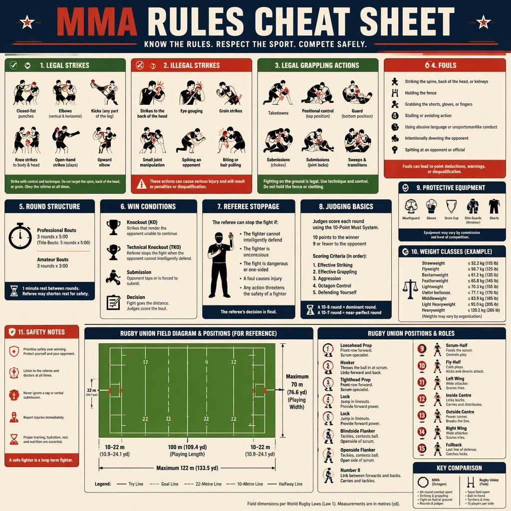 Minimal flat sports infographic on MMA rules with rule panels, icons, legends, metric blocks, and a small rugby field diagram.