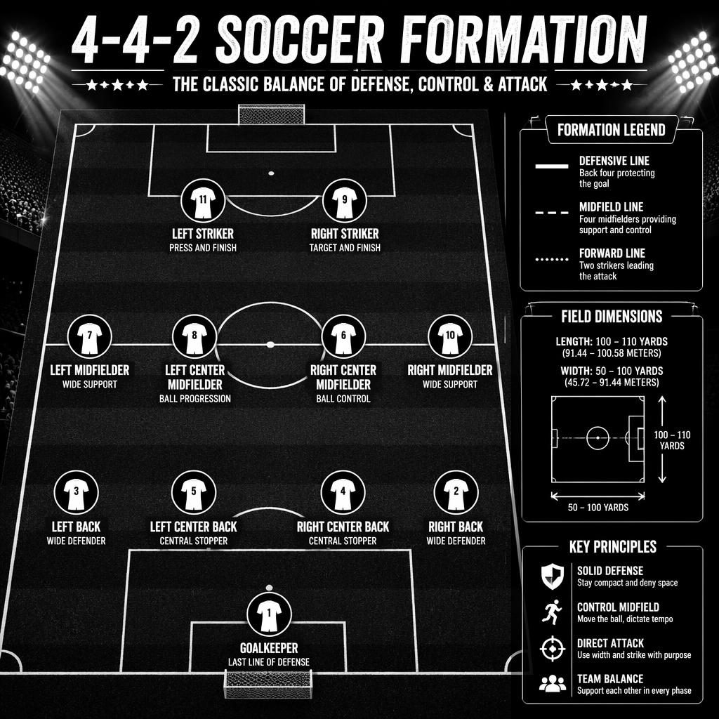 Top-down soccer pitch infographic showing a classic 4-4-2 formation with 11 labeled player icons and line legend.