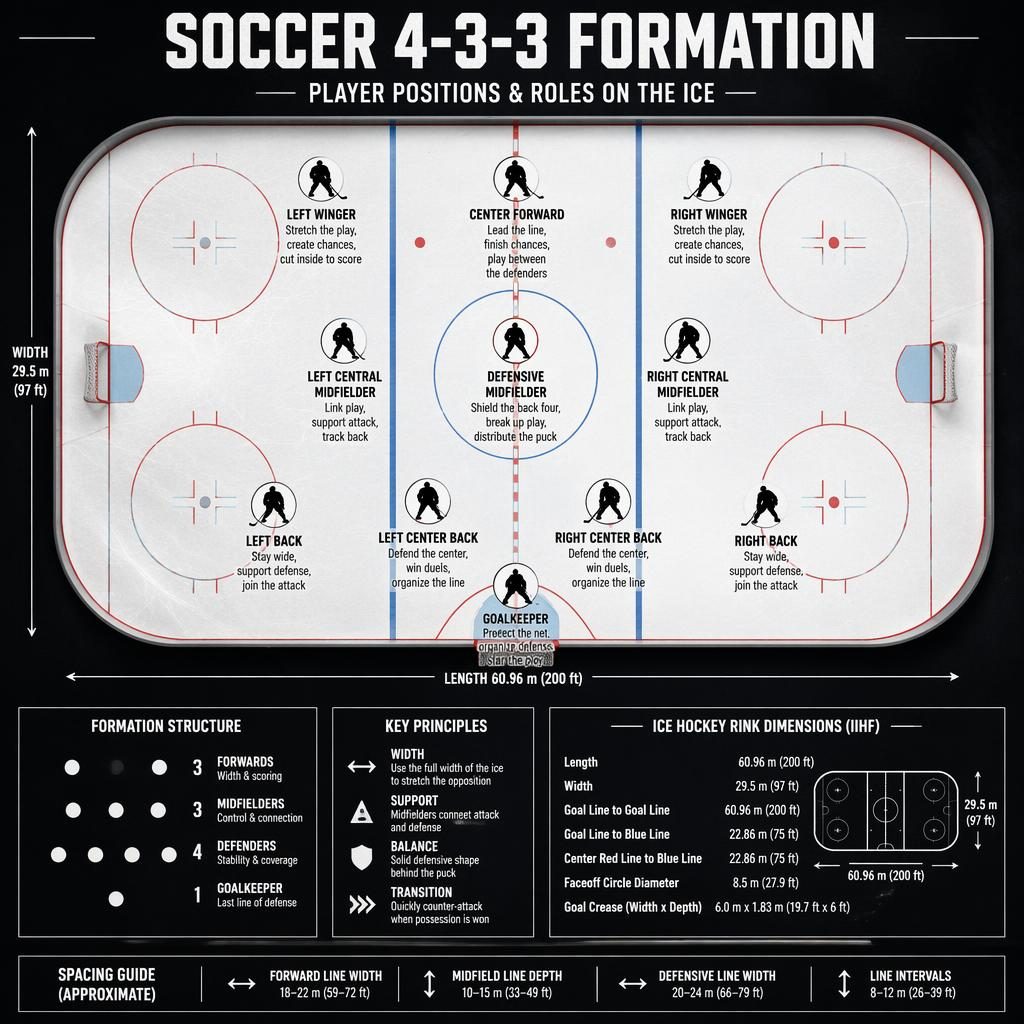 Top-down monochrome sports infographic showing a soccer 4-3-3 formation mapped onto an official ice hockey rink diagram.