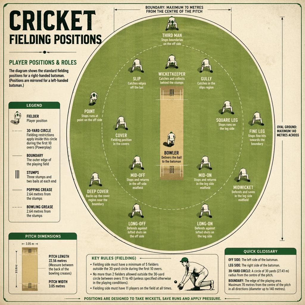 Top-down cricket field infographic with labeled fielding positions, player icons, central pitch, creases, inner circle, and legend.