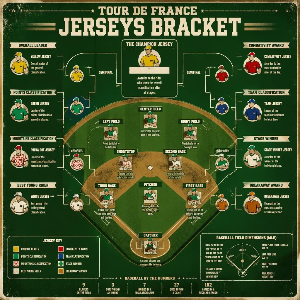 Retro green baseball field infographic with a symmetrical ti6 bracket for Tour de France jersey categories and player icons.
