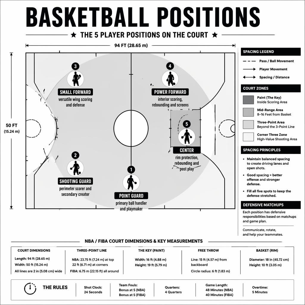 Top-down monochrome basketball court infographic with 5 player icons, position labels, role captions, and spacing legend.