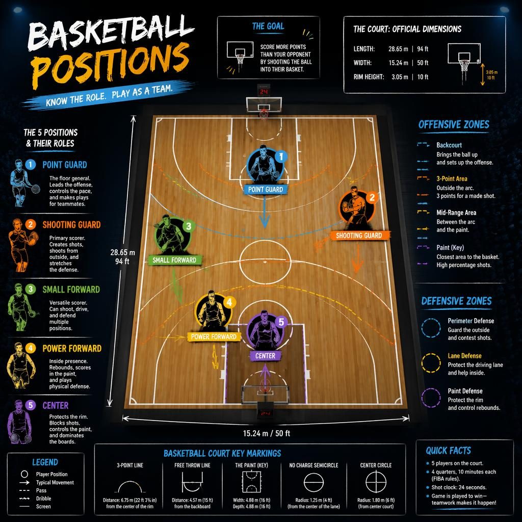 Top-down basketball court infographic in neon sketchnote style showing 5 player positions with labels, role captions, icons, and zones.