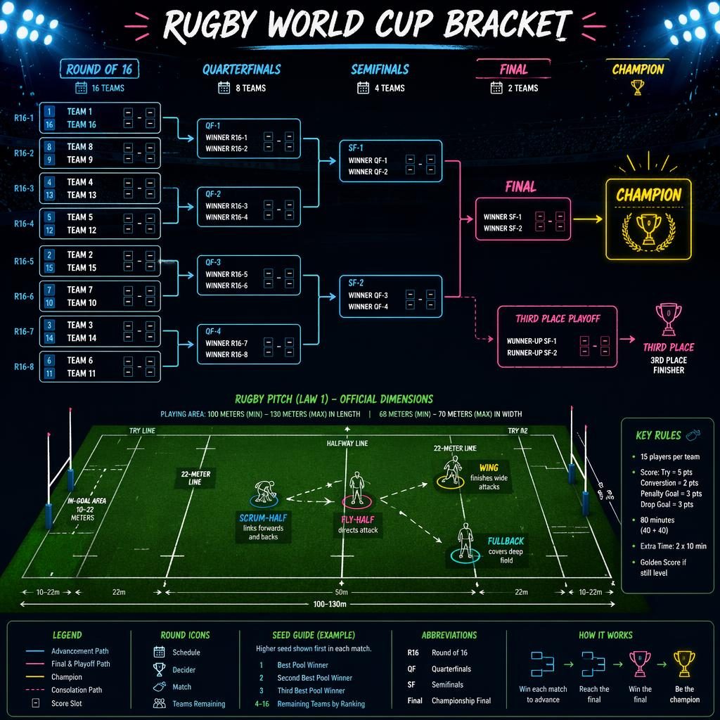 Sketchnote-style rugby knockout bracket infographic on a dark neon stadium background with pitch lines, player role icons, and legend.