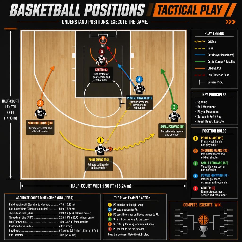Top-down basketball half-court infographic with five positions, Xs and Os arrows, role labels, legend, and callout boxes.