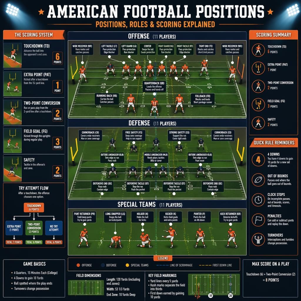 Top-down American football infographic in a dark stadium with labeled offense, defense, special teams, and scoring callouts.