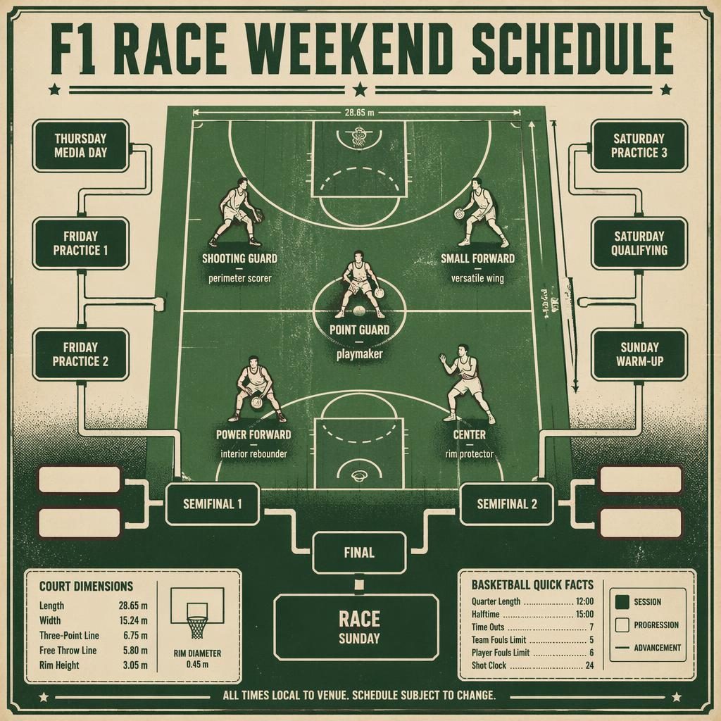 Retro sports infographic of an F1 race weekend schedule as a south bracket over a green basketball court poster.