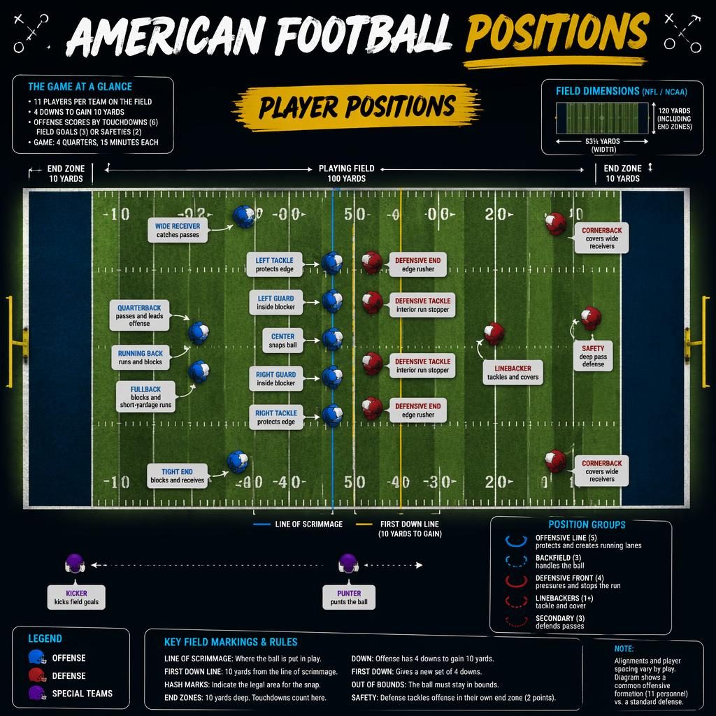 Top-down American football positions infographic with labeled player icons, yard lines, hash marks, legend, and neon sketchnote style.
