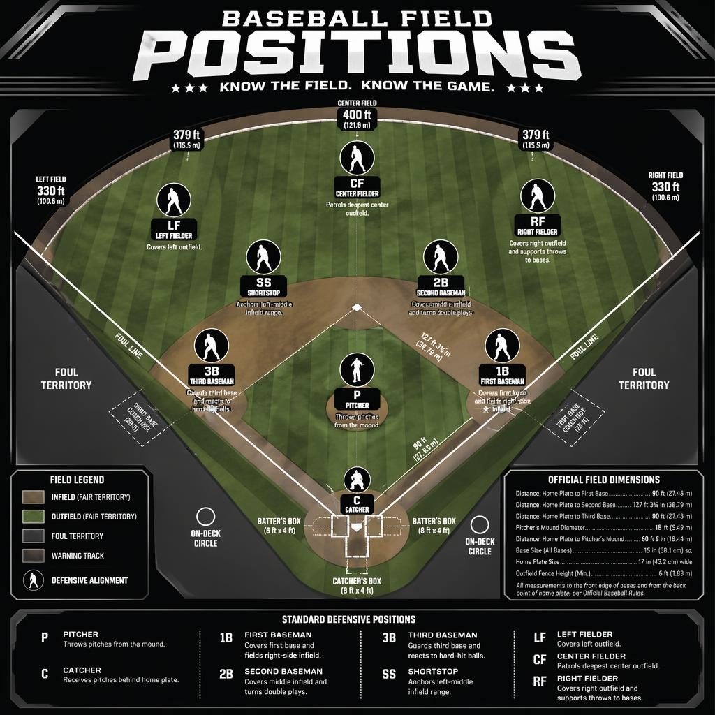 Top-down baseball field positions infographic with labeled player icons, field geometry, metrics, legend, and monochrome style.