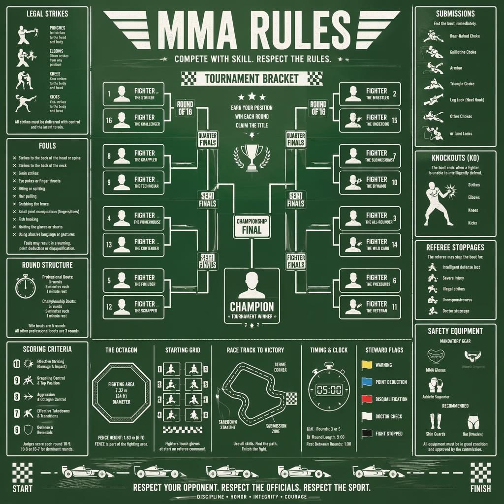Green retro sports infographic with tournament bracket, MMA rules panels, race icons, white linework, and vintage print texture.
