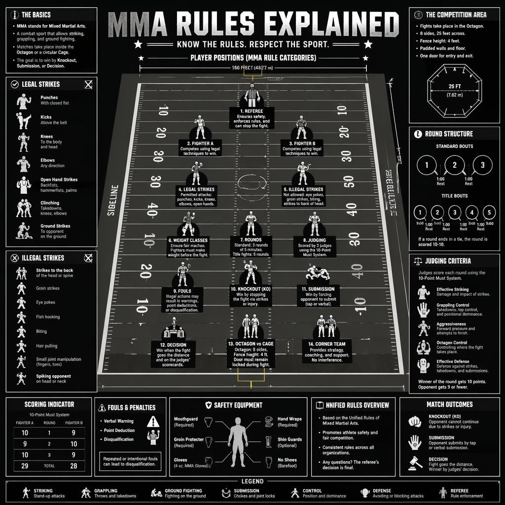 Top-down football field infographic titled MMA Rules Explained with labeled icons, rule panels, scoring diagrams, and MMA cheat-sheet