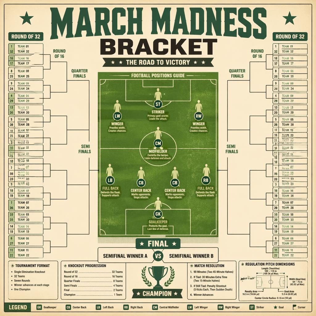 Retro 1970s-style soccer tournament bracket infographic with a scaled football pitch, knockout rounds, position icons, and rules callouts.