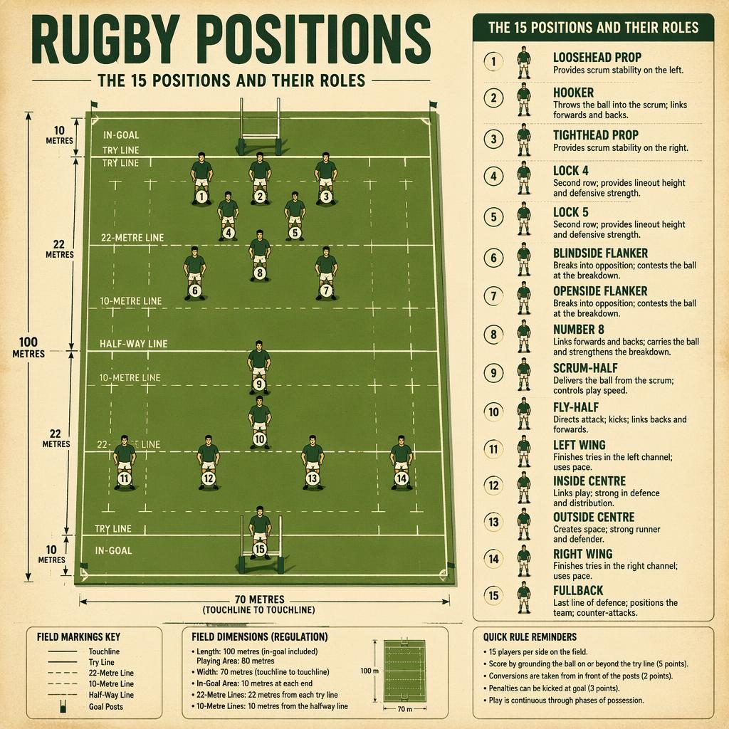 Retro rugby positions infographic with 15 labeled player roles on a regulation rugby union pitch, top-down green field.